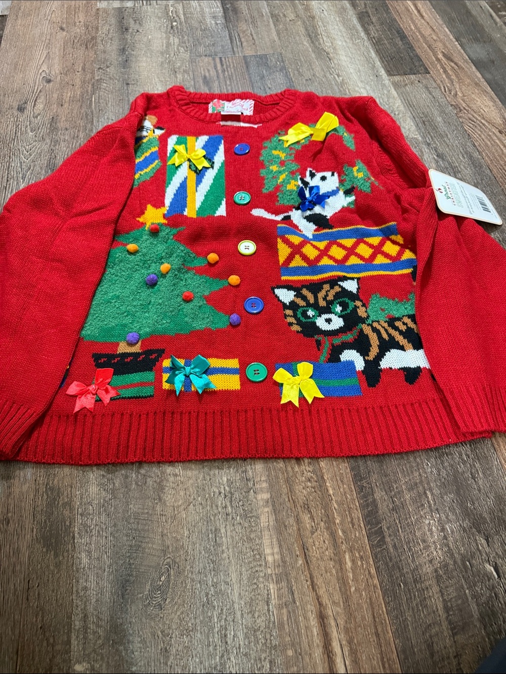 Red Holiday Kitten & Tree Ugly Sweater with Gift Bow Accents